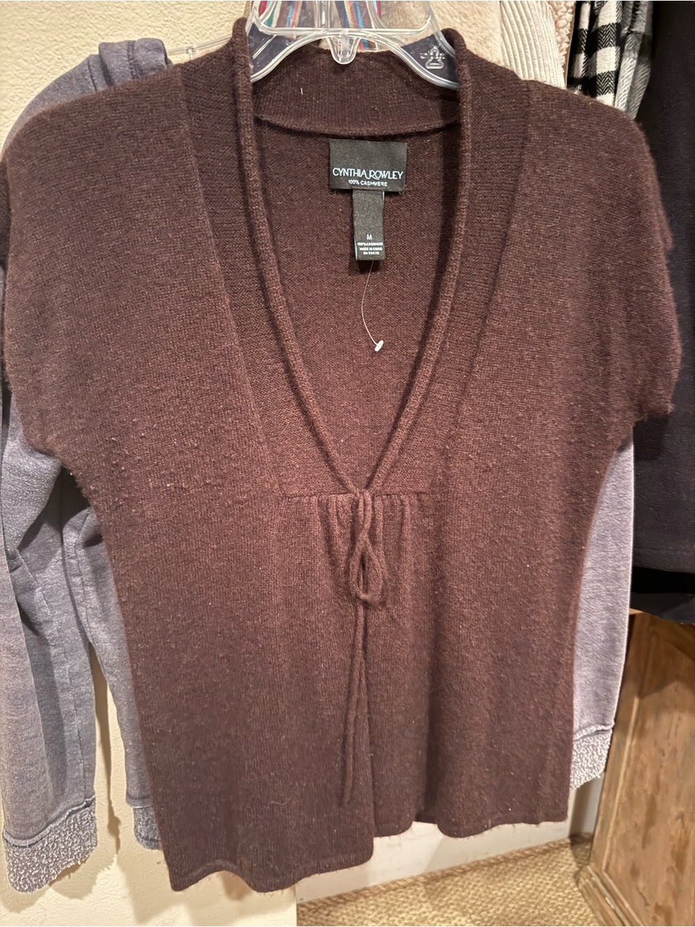 Cynthia Rowley Chocolate Brown V-Neck Short Sleeve Tie-Front Sweater